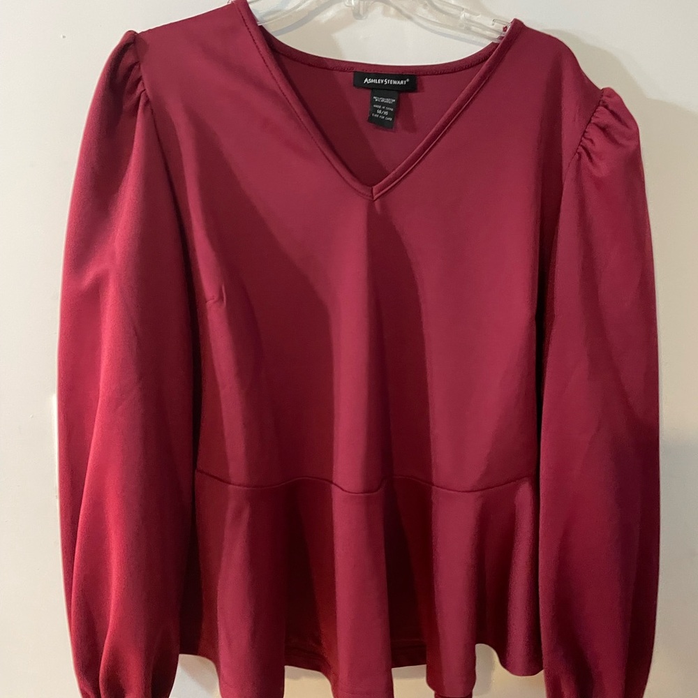 Ashley Stewart Red V-Neck Peplum Long-Sleeve Top Size 14/16
